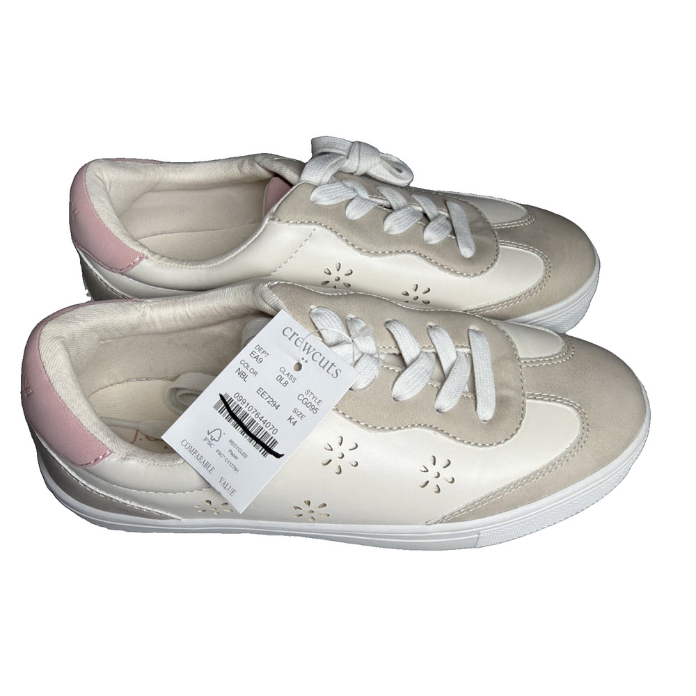 J Crew Crewcuts Girls Lace Up Sneakers Kids 4 Ivory Pink Flower Floral Shoes